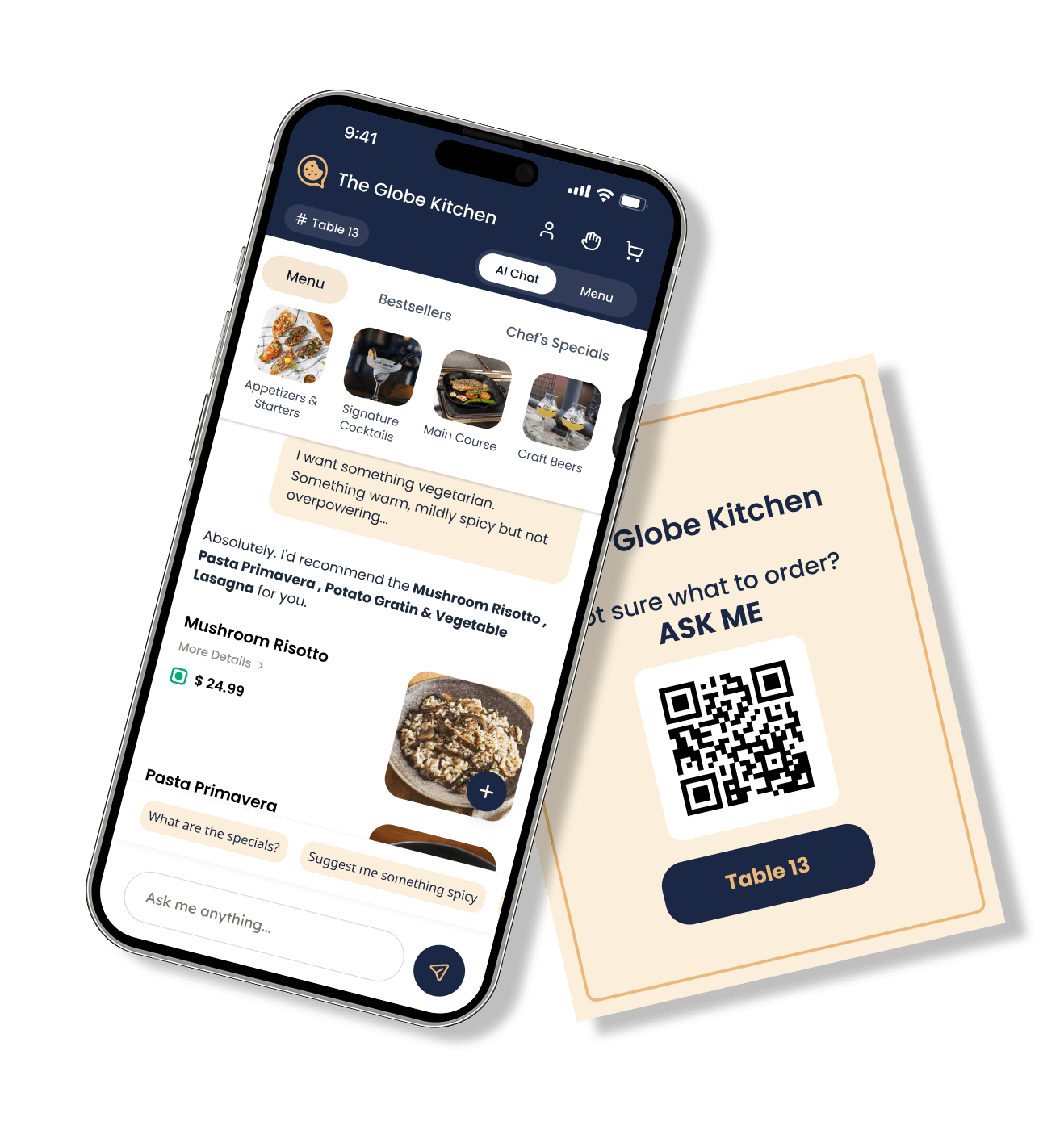 Table card with QR code and smartphone showing an AI-powered restaurant menu
